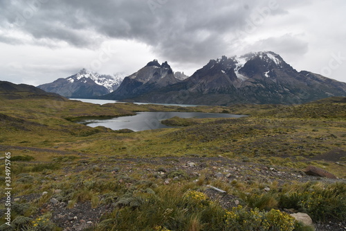Big grey mountains in Torres del Paine National Park in Chile, Patagonia