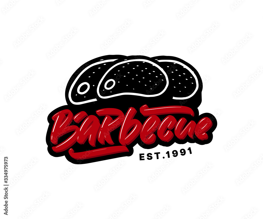 Hand drawn lettering text barbecue with steak