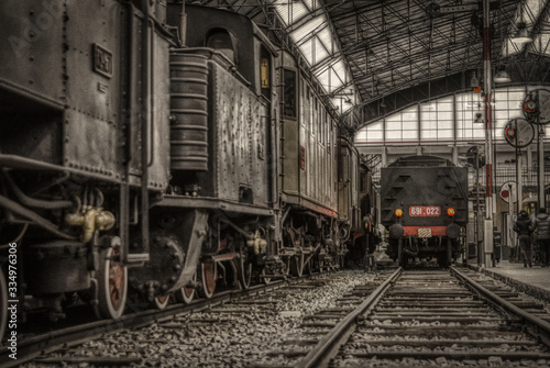 old train machines in the station, classic vintage style