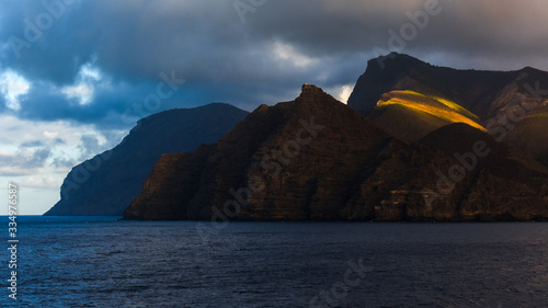 view from the sea with the eastern coast of St. Helena island in the Atlantic Ocean