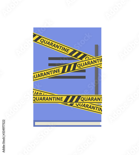 Yellow-black barricade tape with quarantine word wrapped around a blue notebook. Coronavirus self-isolation concept. Flat vector illustration, isolated on white background.