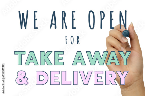 Open for take away and food delivery hand writing cute banner sign in pastel 