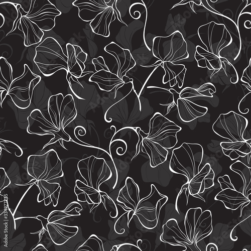 Sweet pea flowers. Seamless vector pattern on black. Floral background. Black and white.