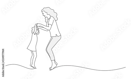 Line drawing vector illustration of mother and daughter jumping.