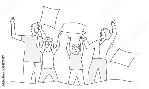 Happy family have fun at home and throw pillows. Line drawing vector illustration.