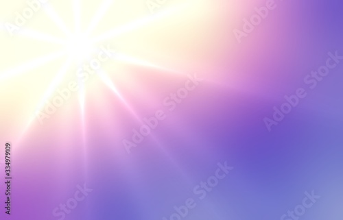 Sun shine on lilac iridescent sky. Empty background vibrant colors gradient. Blurry texture lilac pink yellow. Defocus template. Bright rays abstract pattern.