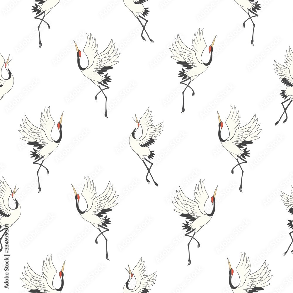 Japanese pattern. Seamless vector ornament with traditional motives. Japanese pattern with storks and sakura.