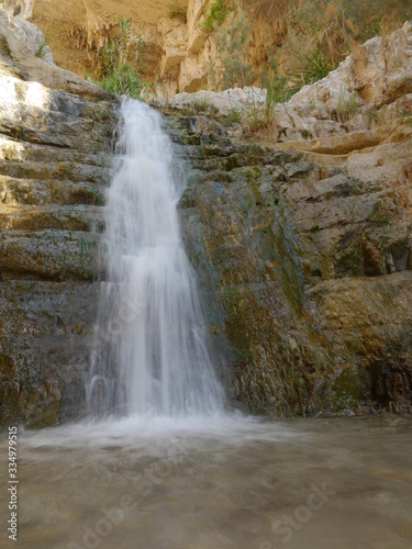 big Waterfall in Ein Gedi National Park with shutter speed  Negev Desert  Israel
