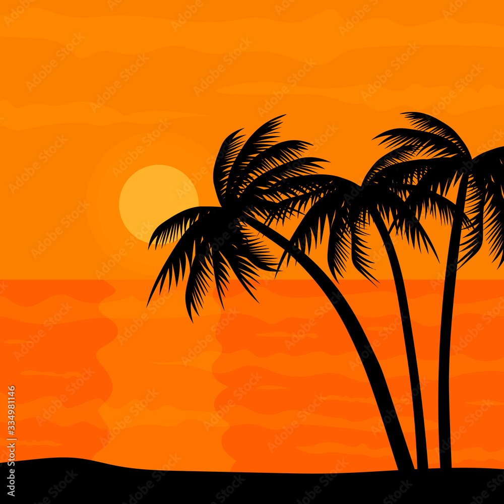 Sunset beach sea palm vector landscape image