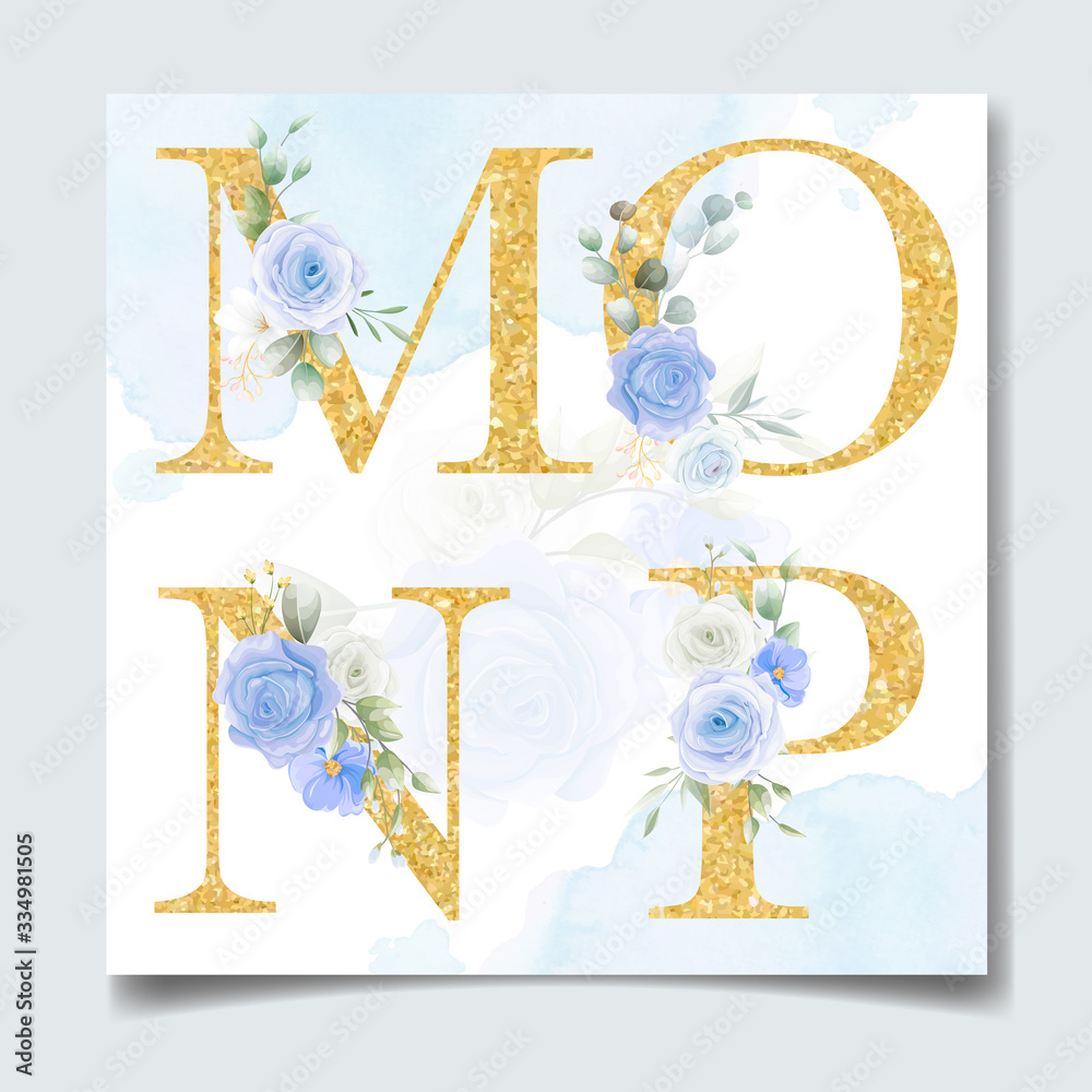 Beautiful alphabet in golden color with flower floral