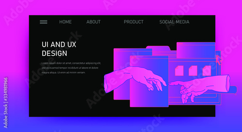 Web site template for UI and UX design, technical support or customer servises page. Hands with user interface elements.