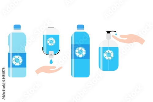 Hand sanitizers. Alcohol rub sanitizers kill most bacteria, fungi and stop some viruses such as coronavirus. Hygiene product. Sanitizer bottle and wall mounted container. Covid-19 spread prevention.