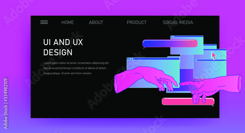 Web site template for UI and UX design, technical support or customer servises page. Hands with user interface elements.