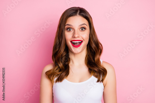 Portrait of funky astonished look wonderful black friday bargains impressed scream wow omg wear white stylish singlet outfit isolated over pastel color background