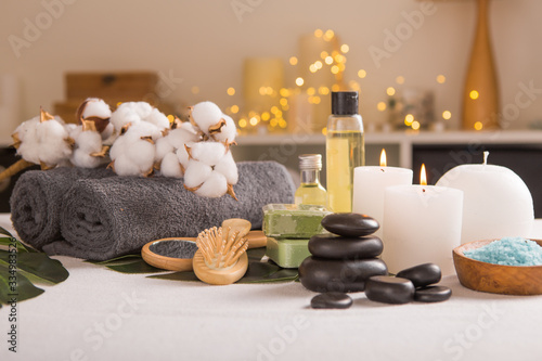 Spa composition with Christmas decoration. Holiday SPA treatment.  Zen and relax concept.