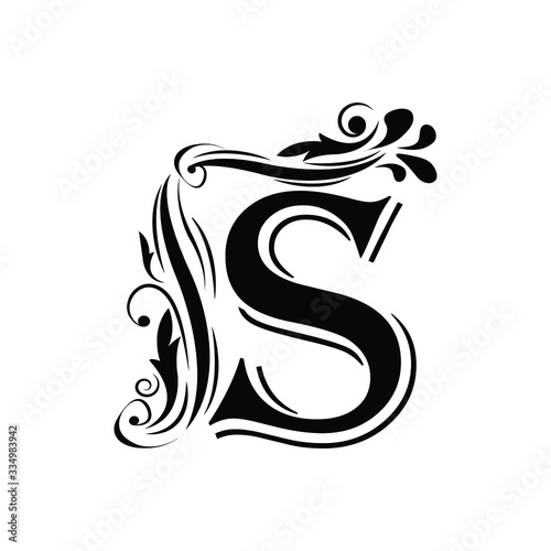 letter S. Vintage black flower ornament initial letters. Alphabet. Logo vector 