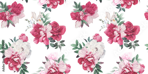 Seamless floral pattern with peonies on light background, watercolor. Template design for textiles, interior, clothes, wallpaper. Botanical art © ola-la