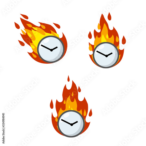 Clock is on fire. Last-minute deadlines. Set of dials in flames. Late and delayed. Business icon. Cartoon flat illustration. Lack of time and haste