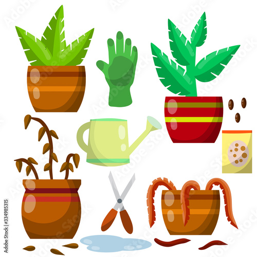 Set of domestic plants. Green and dry leaves. Equipment for care of flowers. Brown pot. Cartoon flat illustration. Watering can, farm gloves, scissors and seeds, puddle of water