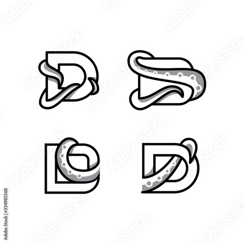Design Logo D letter initial for octopus. Linear style. Fashion, Jewelry, Seafood restaurant Logotype vintage concept outline icon.