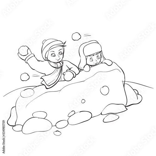 children built a fortress out of snow and play snowballs, outline drawing, isolated object on a white background, vector illustration, eps