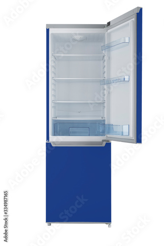 Blue refrigerator Isolated on White Background. Modern Kitchen and Domestic Major Appliances