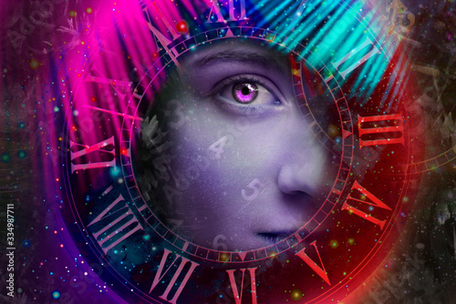  Artistic female portrait surrounded by space and time