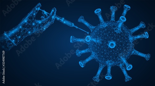 Vaccination against infectious viral diseases. Hand with a syringe. The epidemic of coronavirus. Low-poly design. Blue background.