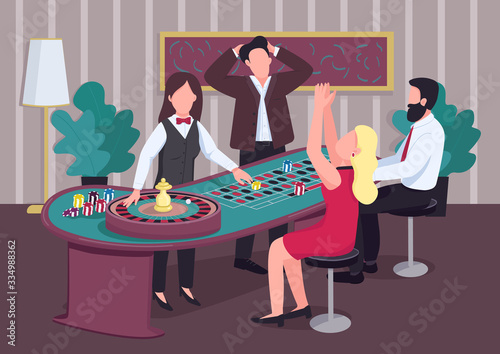 Casino flat color vector illustration. Group of people play at roulette table. Croupier deal chips. Woman spin wheel. Gambler 2D cartoon characters in interior with competitors on background