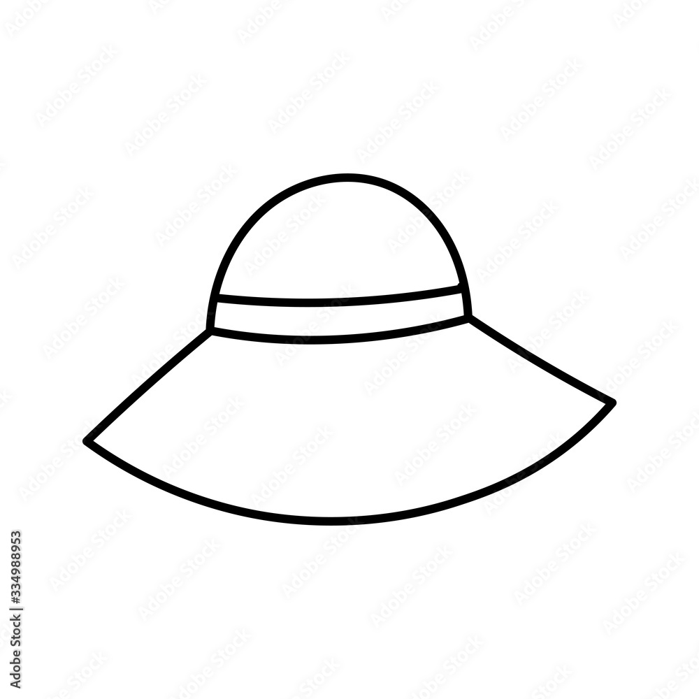 Fototapeta premium Elegant woman's hat isolated on white background. Headgear vector illustration for woman, girl or ladies. Summer sun protection. Doodle vector art. Single icon. Fashion flat sketch.