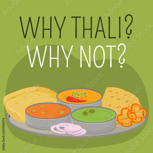 Indian metal plate social media post mockup. Why thali, why not phrase. Web banner design template. Traditional tray booster, content layout with inscription. Poster, print ads and flat illustration