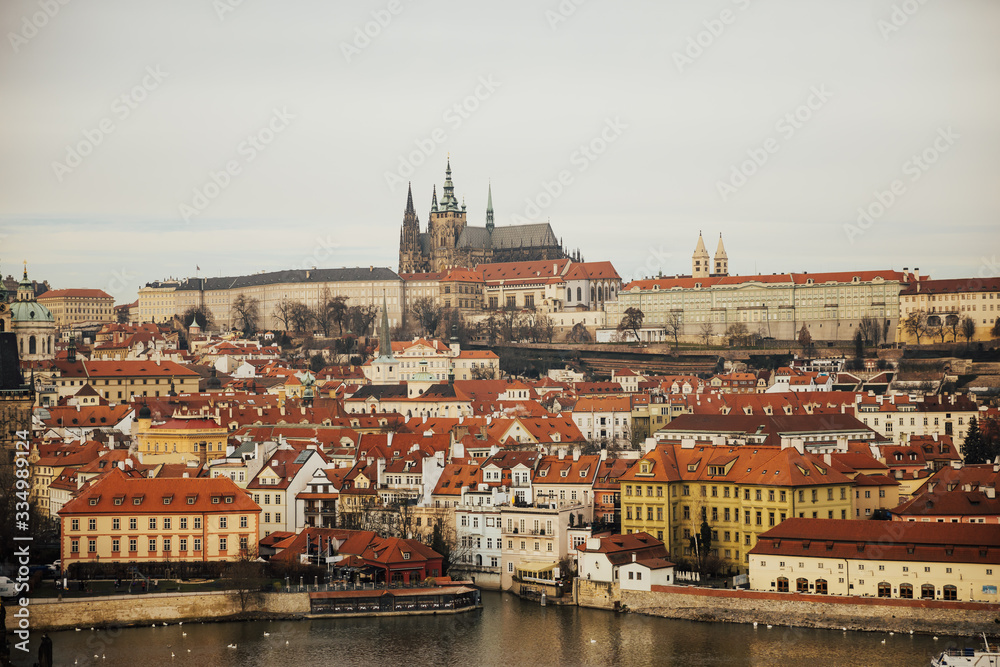 The panorama of Prazhsky Hrad in the center of Prague. Panoramic view on Old Town , Prague Castle Saint Vitus Cathedral, Vltava river. Prague, Czech Republic . European travel. 