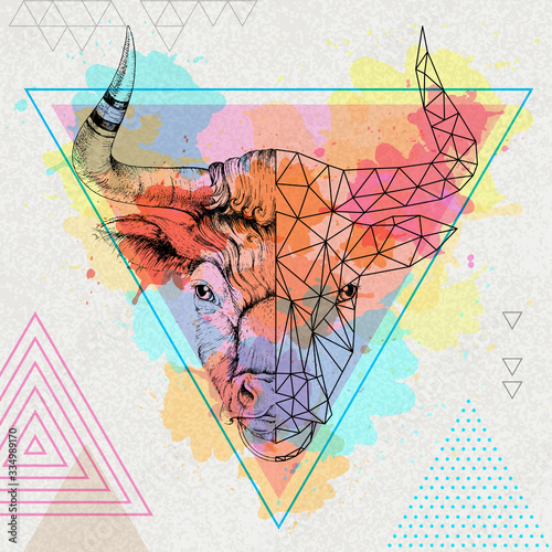 Hipster realistic  and polygonal animal bull on artistic watercolor background