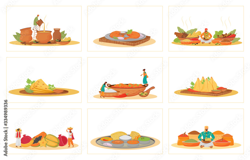 Indian traditional meals flat concept vector illustrations set. Restaurant food cooking and serving metaphors. Hindu cooks and servants, tropical fruits and spice vendors 2D cartoon characters Indian traditional meals flat concept vector illustrations set. Restaurant food cooking and serving metaphors. Hindu cooks and servants, tropical fruits and spice vendors 2D cartoon characters