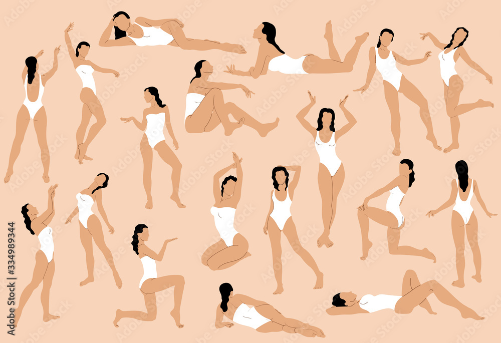 Vector set of  hand drawn  illustration of women in swimsuits made in flat style .  Template for card, poster, banner, print for t-shirt, pin, badge, patch.