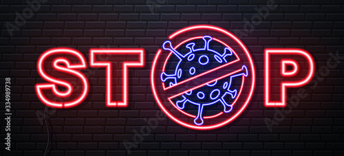 Neon sign Stop COVID-19. Coronavirus Quarantine Warning. Vector illustration