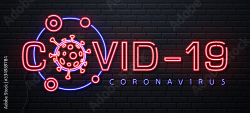 Neon sign COVID-19. Coronavirus Quarantine Warning. Vector illustration