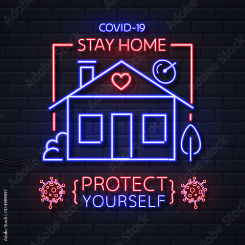 Neon sign COVID-19 protection methods. Coronavirus Quarantine Warning. Vector illustration