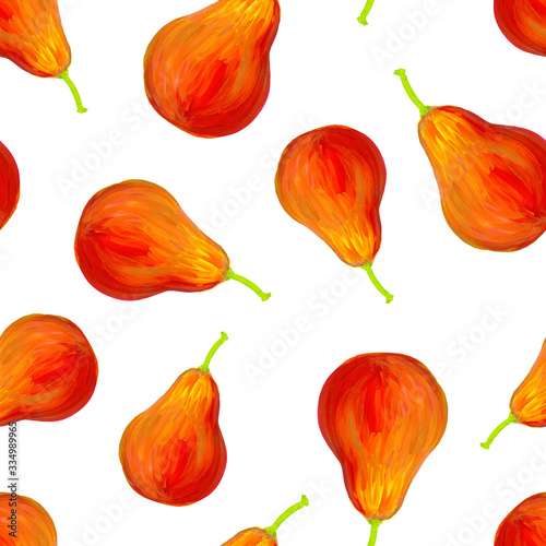Seamless pattern with orange pear. Fruit background on a white background drawn by gouache. Design for website, print posters, textiles, clothes, bedding, fabrics. Tropical summer fruit