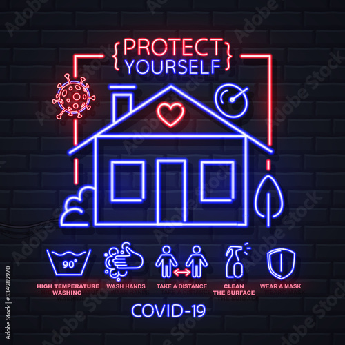 Neon sign COVID-19 protection methods. Coronavirus Quarantine Warning. Vector illustration