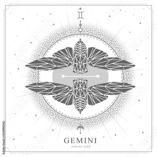 Modern magic witchcraft card with polygon astrology Gemini zodiac sign. Polygonal butterfly or cicada illustration