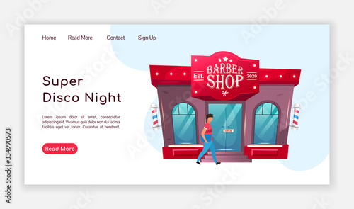 Super disco night landing page flat color vector template. Barbershop homepage layout. Hairdresser one page website interface with cartoon illustration. Grooming salon web banner, webpage