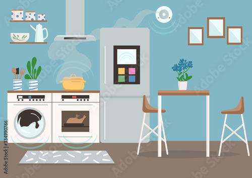 Smart kitchen flat color vector illustration. Automated fridge, washing machine, oven and smoke detector. Modern apartment 2D cartoon interior with remote controlled domestic appliances on background