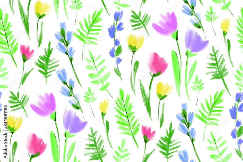 Floral seamless background pattern. Colorful spring flowers hand drawn, vector. Spring summer. Fabric swatch, textile design