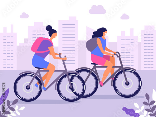 women ride bicycle in the city vector illustration