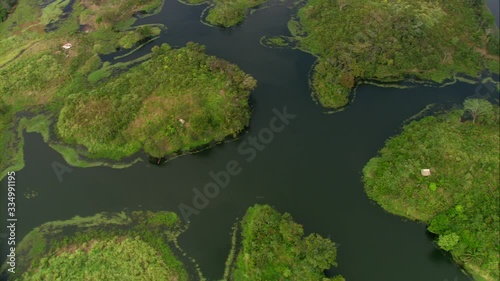 Aerial view of Lake Bayano, small islands with palms and cloud forest in Panama Central America, filmed with Cineflex stabilization camera system photo