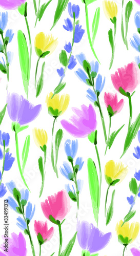Floral seamless background pattern. Colorful spring flowers hand drawn  vector. Spring summer. Fabric swatch  textile design