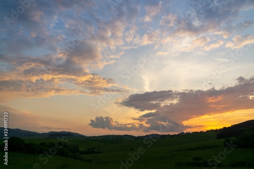 Sunrise or sunset over the hills and meadow. Slovakia