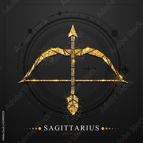 Modern magic witchcraft card with polygonal astrology golden Sagittarius zodiac sign. Polygonal golden Bow and arrow illustration on black background