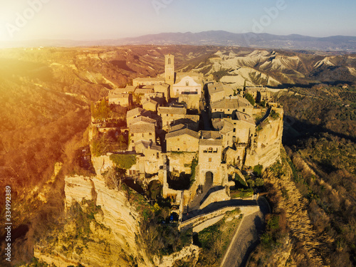 Civita di Bagnoregio aerial shot at sunset. Province of Viterbo, Italy. The view from the top. Civita di Bagnoregio is a town in the Province of Viterbo in central Italy, a suburb of the comune of Bag